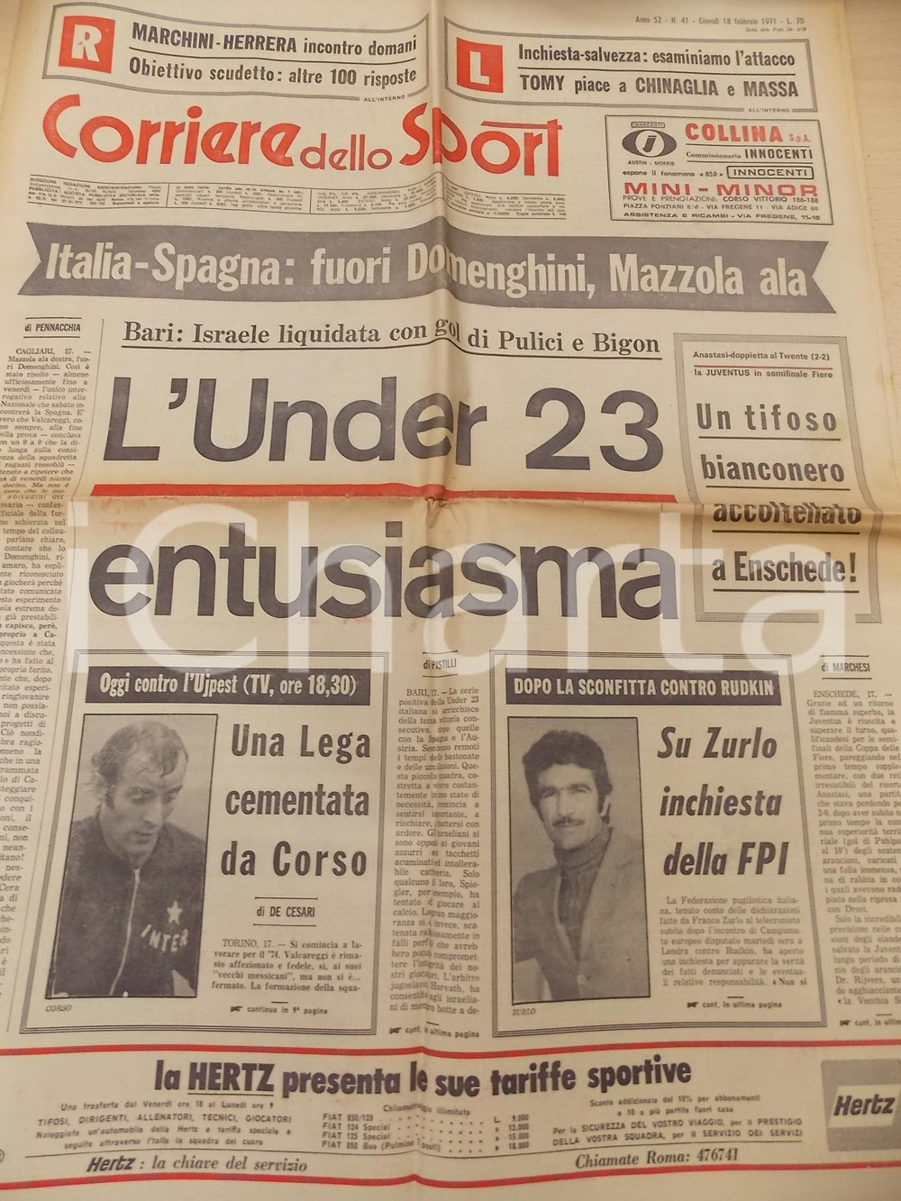 Giornale, rivista storica 1971 CORRIERE DELLO SPORT BOXE Incontro Alan RUDKIN  Franco ZURLO Giornale 1