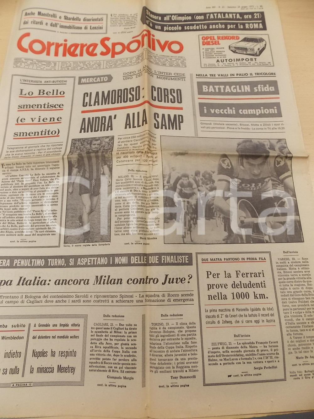 Giornale, rivista storica 1973 CORRIERE DELLO SPORT Mario CORSO alla SAMPDORIA  BATTAGLIN alla TRE VALLI 1