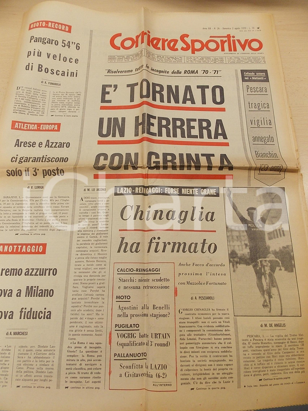 Giornale, rivista storica 1970 CORRIERE DELLO SPORT CICLISMO Tragica morte di Gianfranco BIANCHIN Giornale 1