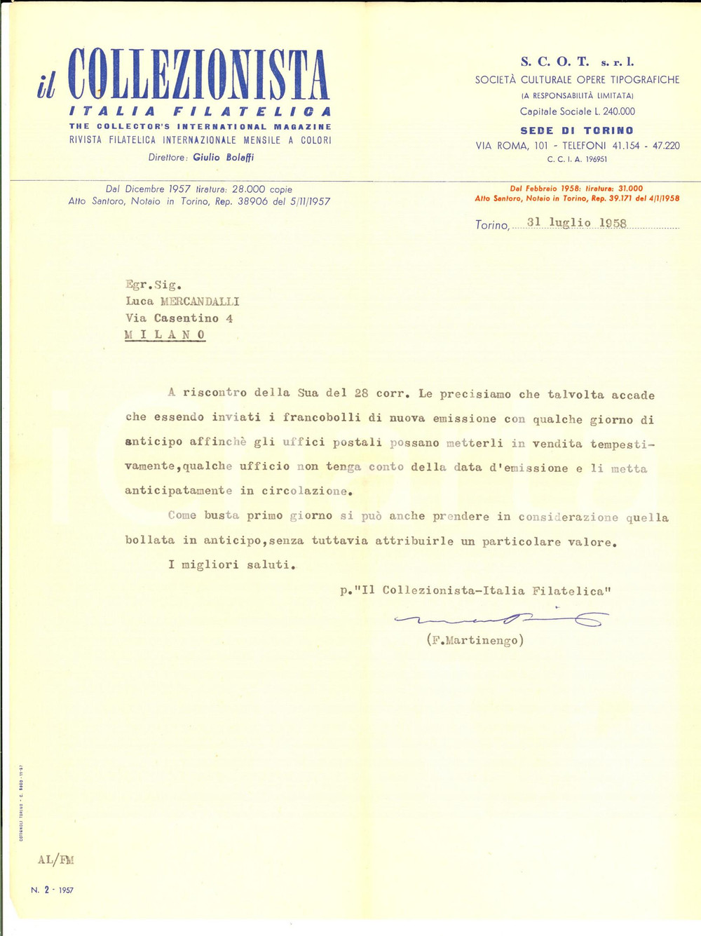 Manoscritto, lettera originale 1958 TORINO IL COLLEZIONISTA Fulvio MARTINENGO su questione filatelica Lettera 1
