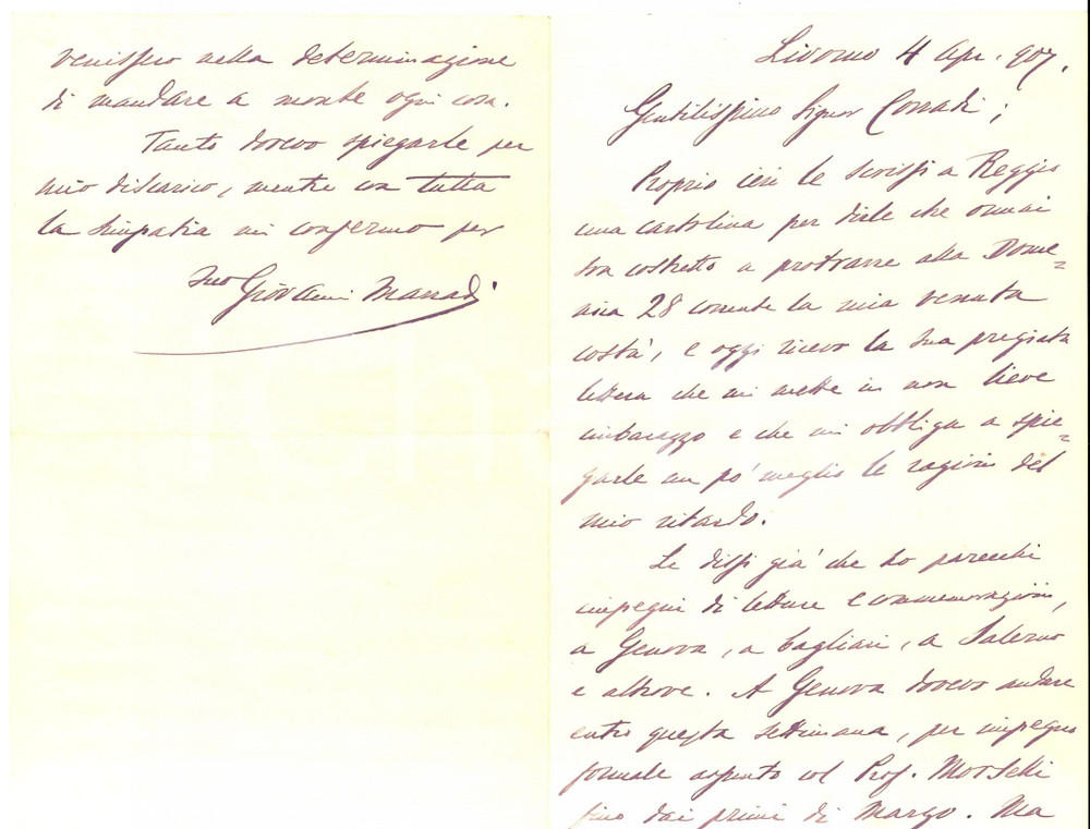 Autografo originale 1907 LIVORNO Giovanni MARRADI rimanda lettura a Genova  AUTOGRAFO 1
