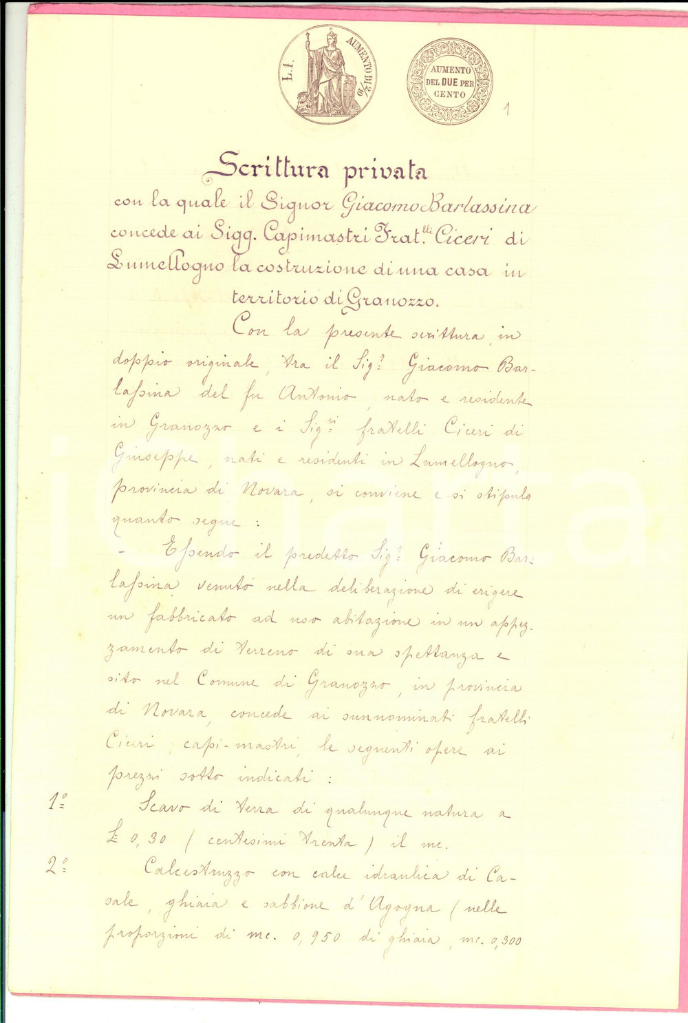Documento originale, autentico 1910 GRANOZZO NO Giacomo BARLASSINA concede costruzione casa a fratelli CICERI 1