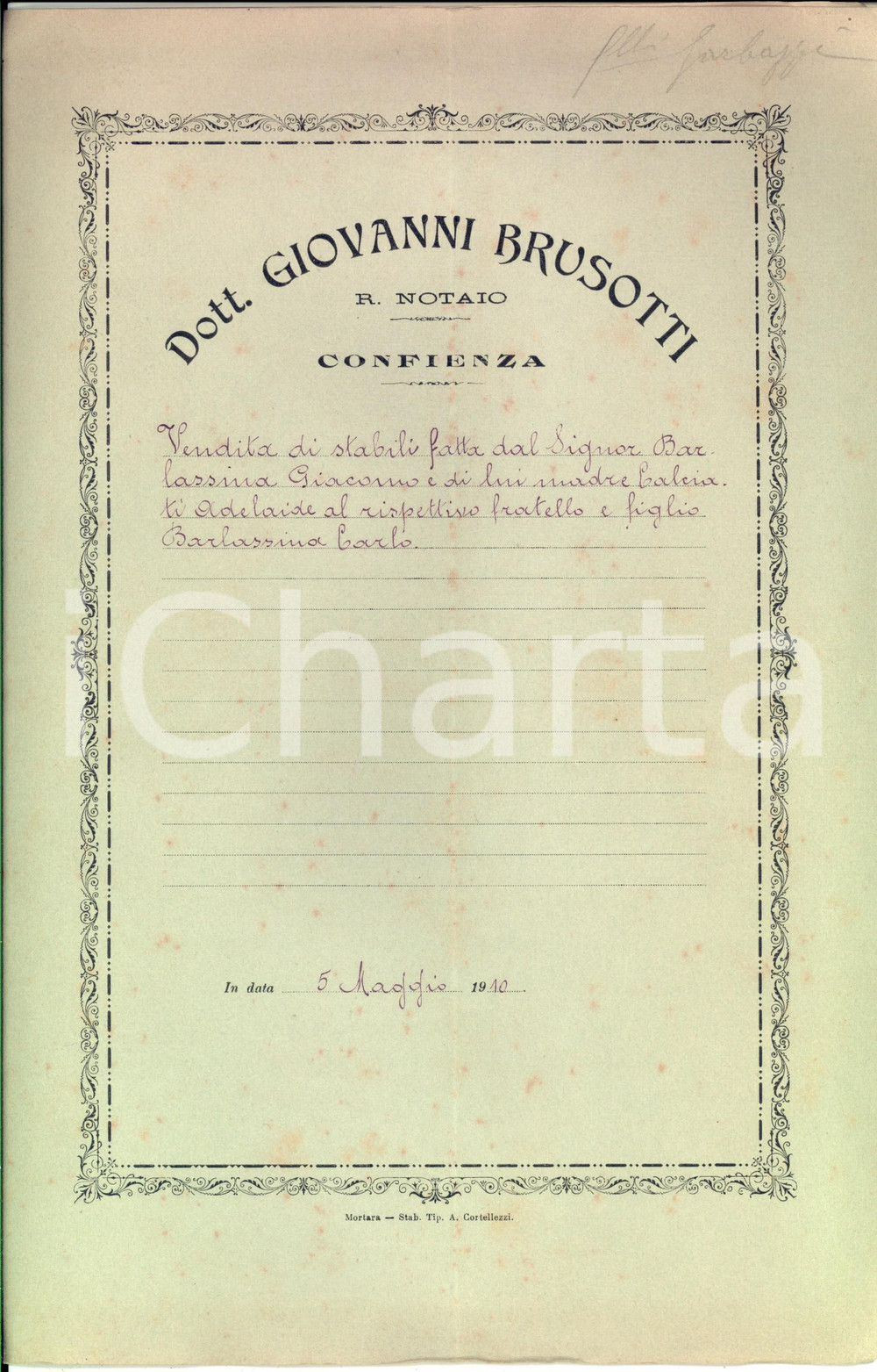 Documento originale, autentico 1910 GRANOZZO NO Giacomo BARLASSINA vende casa rurale al fratello Carlo 1
