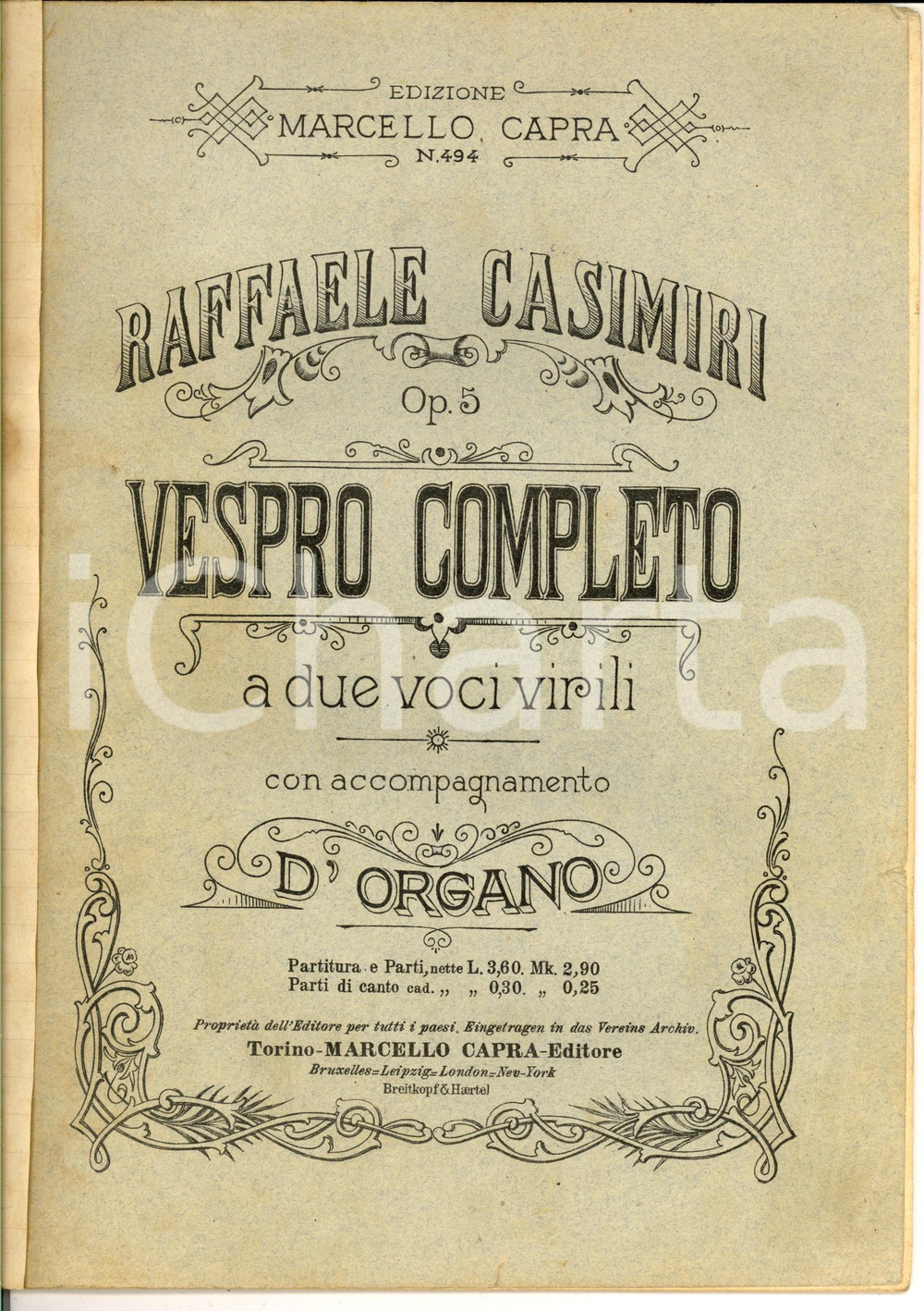 Oggetto da collezione cartaceo 1920 ca Raffaele CASIMIRI Vespro completo a due voci Spartito Marcello CAPRA 1