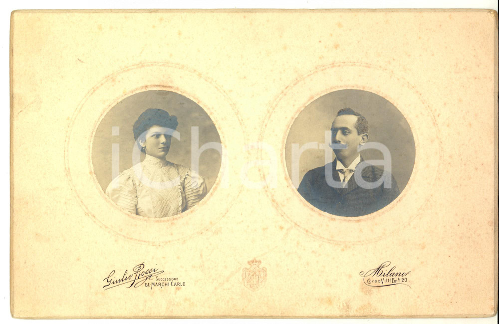 Fotografia d epoca originale 1910 ca MILANO Coppia di giovani sposi Foto Giulio ROSSI succ. DE MARCHI 20x15 1