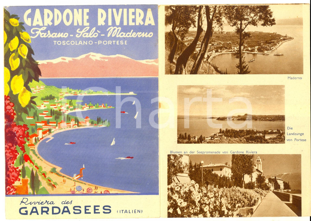 Materiale pubblicitario d’epoca 1940 ca GARDONE RIVIERA/ SALO  Pieghevole ILLUSTRATO TURISMO VINTAGE Deutsch 1