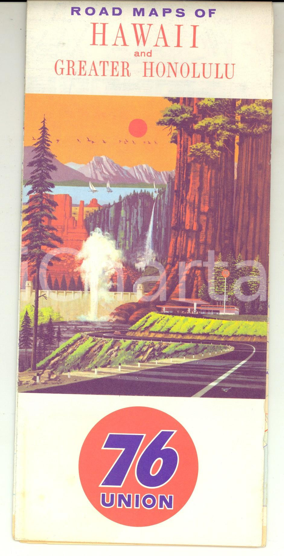 Materiale pubblicitario d’epoca 1970 ca USA Road maps of HAWAII and greater HONOLULU 76 UION VINTAGE 1