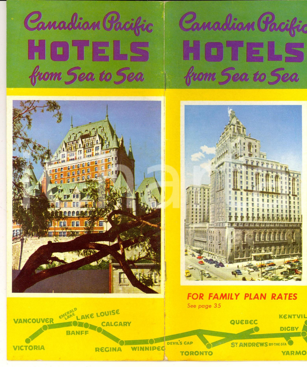 Materiale pubblicitario d’epoca 1956 CANADIAN PACIFIC HOTELS From sea to sea Pieghevole ILLUSTRATO VINTAGE 1