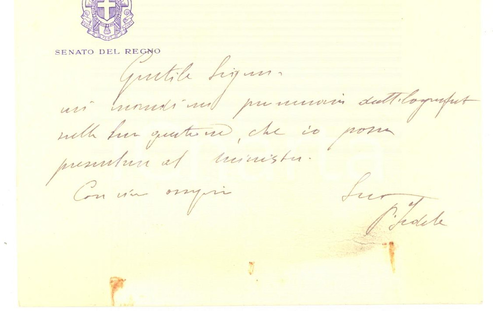 Autografo originale 1935 ROMA Sen. Pietro FEDELE chiede promemoria per il ministro AUTOGRAFO 1