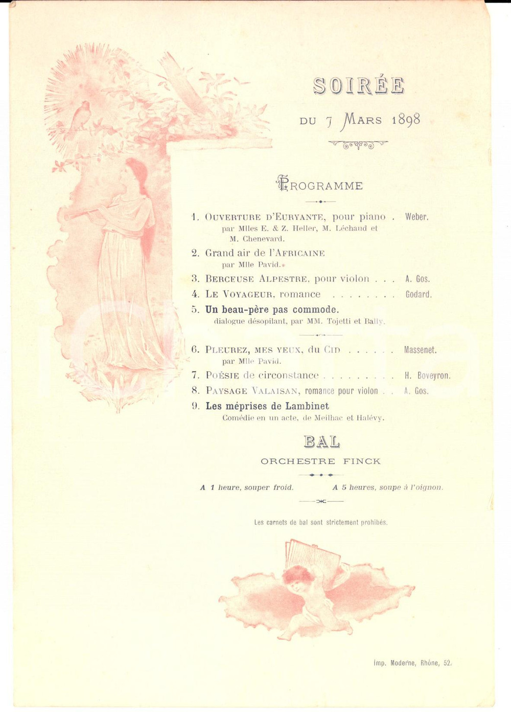 Documento originale, autentico 1898 FRANCE RHONEALPES Programme soirée musicale  Bal ORCHESTRE FINCK 1