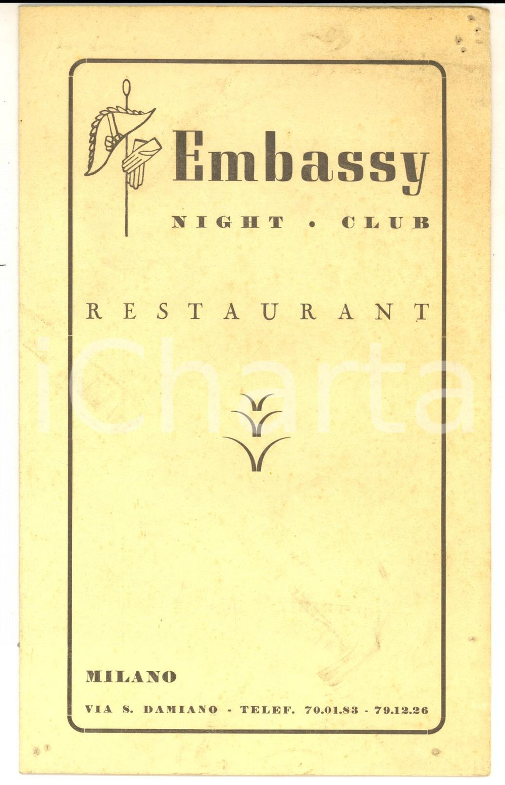 Materiale pubblicitario d’epoca 1965ca MILANO EMBASSY Night club  Lista per consumazione champagne 1
