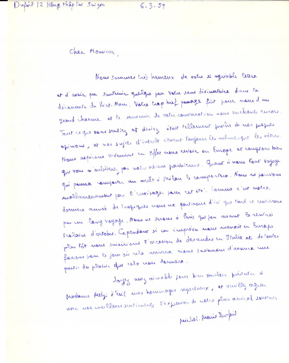 Autografo originale 1959 SAIGON VIETNAM MichelMarie DUFEIL ringrazia un collega docente AUTOGRAFO 1