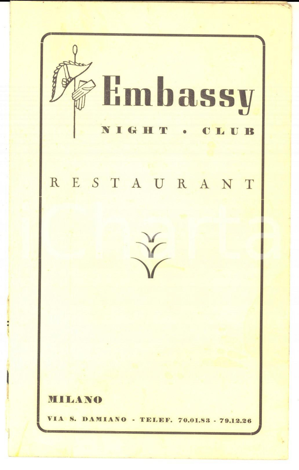 Materiale pubblicitario d’epoca 1970 ca MILANO VISA SAN DAMIANO EMBASSY Night club restaurant Lista consumazioni 1