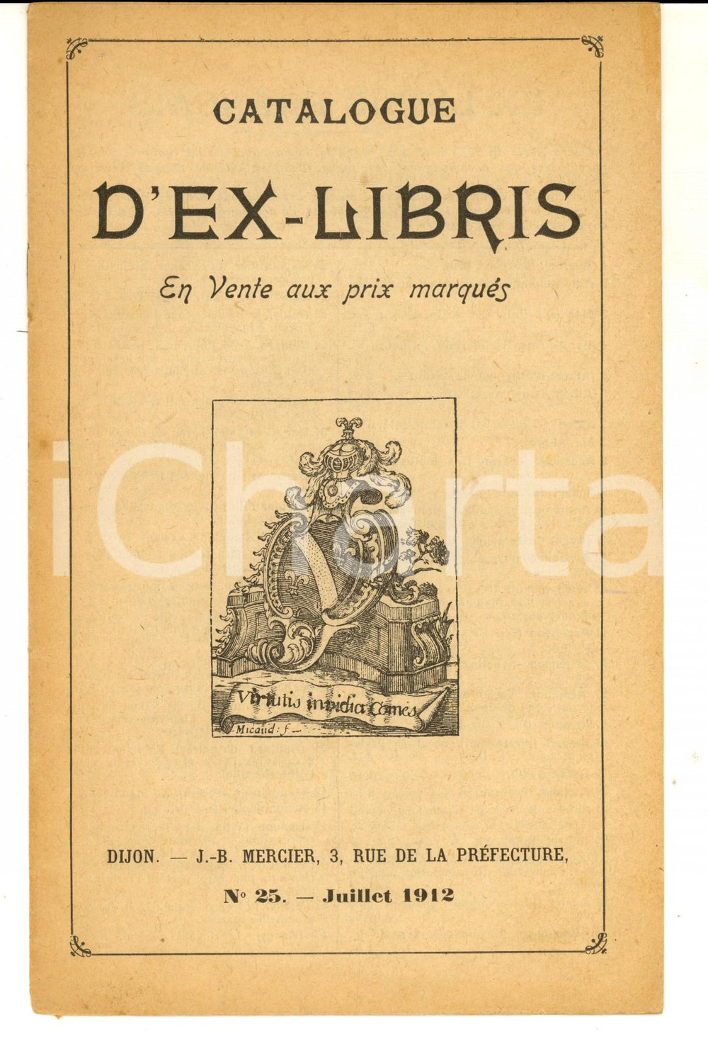 Materiale pubblicitario d’epoca Juillet 1912 DIJON Jean Baptiste MERCIER Catalogue exlibris n°25 pp.15 1