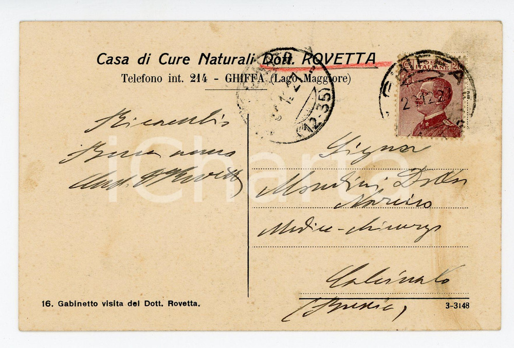 Autografo originale 1927 GHIFFA VB Casa di cure  Gabinetto Autografo dottor Luigi ROVETTA FP VG 1