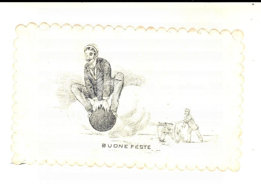 Oggetto da collezione cartaceo 1900 ca BUONE FESTE Uomo sparato da un cannone Biglietto VINTAGE UMORISTICO 1