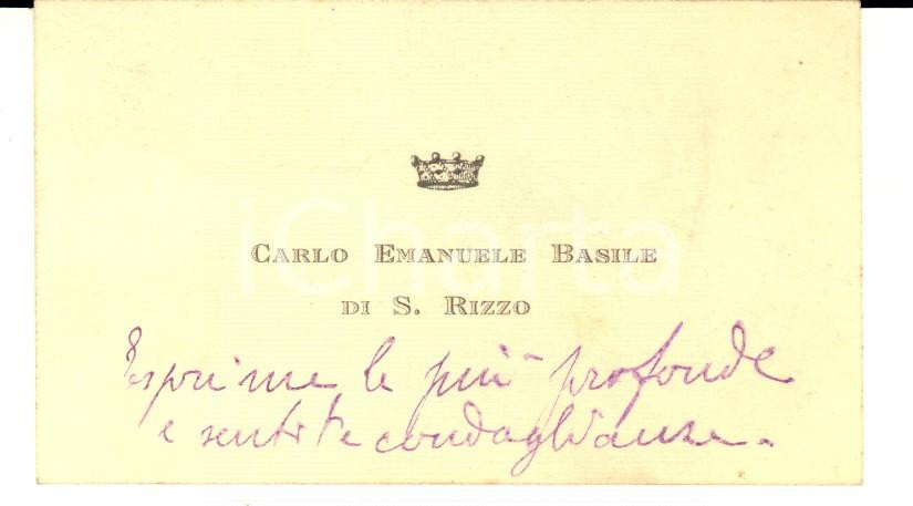 Autografo originale 1910 ca MILANO Biglietto conte Carlo Emanuele BASILE DI SAN RIZZO Autografo 1