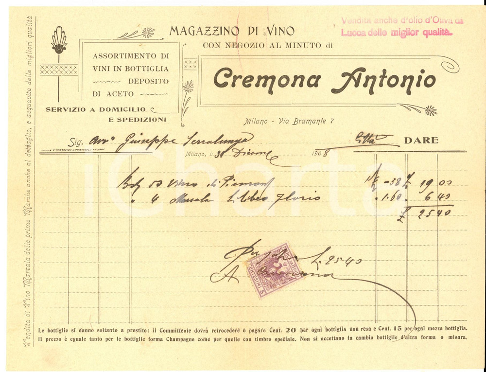 Documento originale, autentico 1908 MILANO Via Bramante 7 Antonio CREMONA Magazzino di vino  Fattura 1