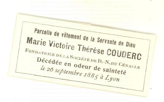 Oggetto da collezione cartaceo 1910 ca RELIQUIA  Serva di Dio Thérèse COUDERC particella delle vesti 1