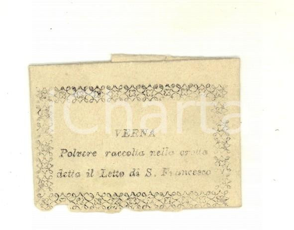 Oggetto da collezione cartaceo 1890 ca RELIQUIA S. FRANCESCO D ASSISI Polvere raccolta nella grotta della VERNA 1