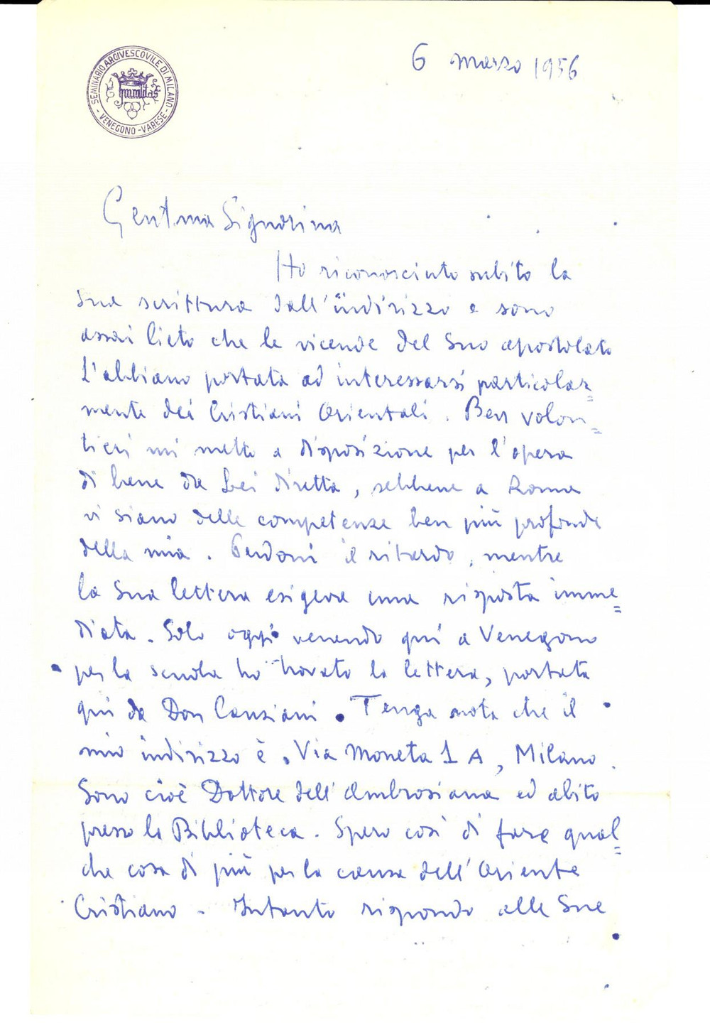 Autografo originale 1956 MILANO Don Enrico GALBIATI promette aiuto a giovane studiosa Autografo 1