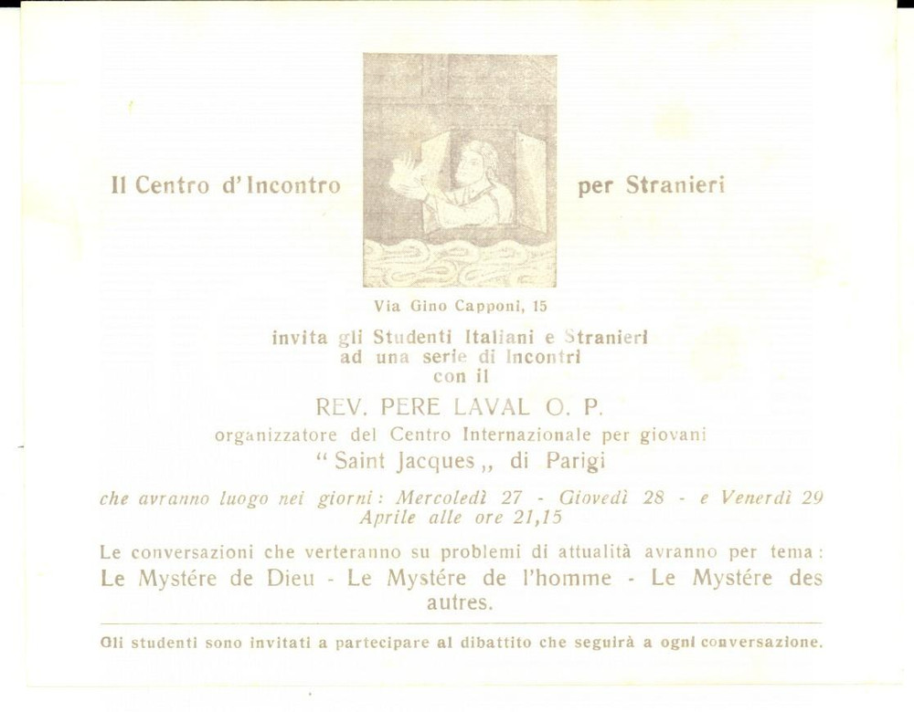 Documento originale, autentico 1915 ca FIRENZE ? Invito a incontri rev. PERE LAVAL Centro SAINTJACQUES 1