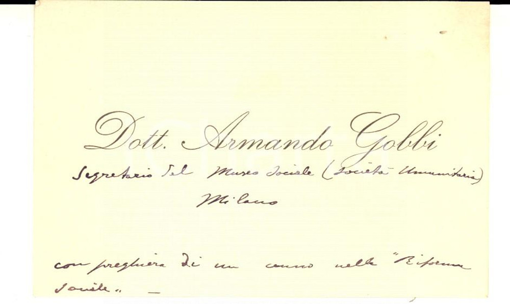 1910 ca MILANO (?)  Biglietto da visita Armando GOBBI Museo Sociale *Autografo