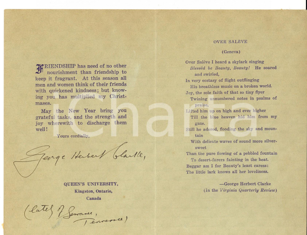 Autografo originale 1915 ca KINGSTON CANADA George Herbert CLARKE Over Salève  Autografo 1