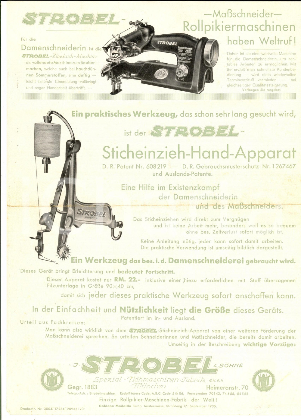 Materiale pubblicitario d’epoca 1935 MUNCHEN Ditta STROBEL Volantino macchina da cucire VINTAGE 1