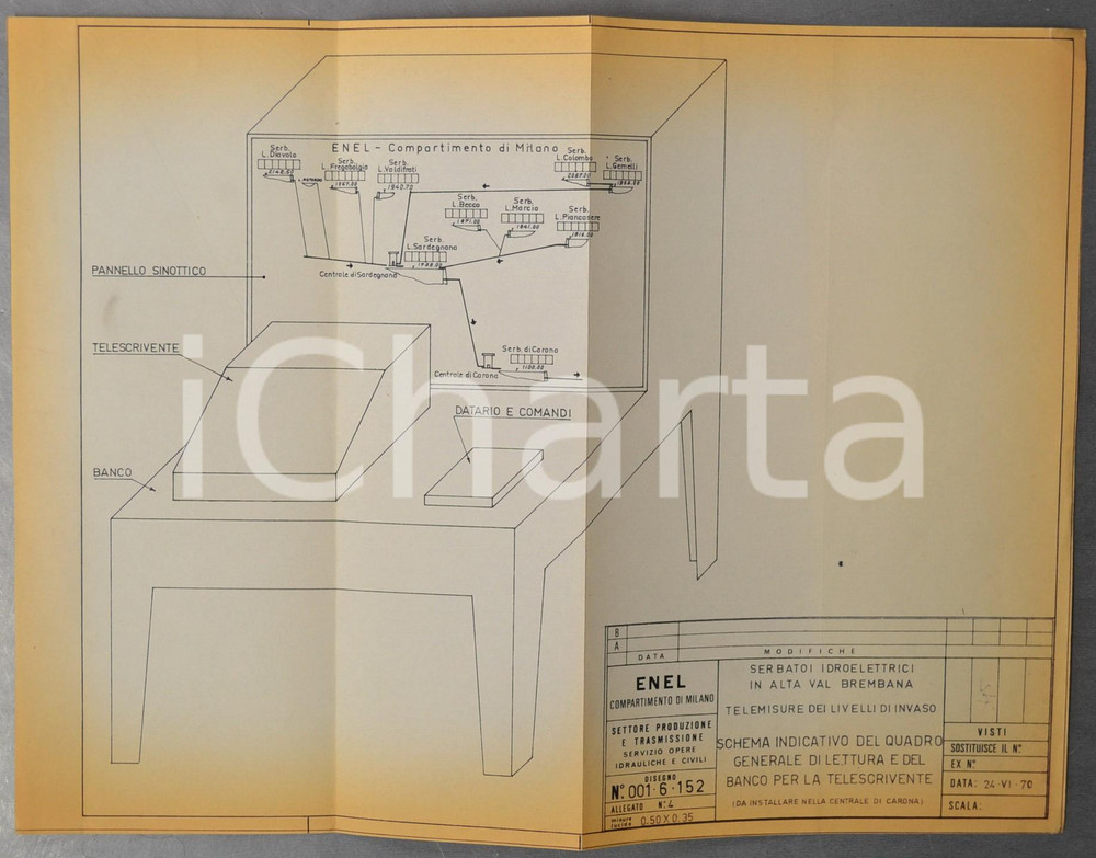 Materiale pubblicitario d’epoca 1970 ENEL MILANO Serbatoi ALTA VAL BREMBANA Schema quadro lettura 40x30 cm 1