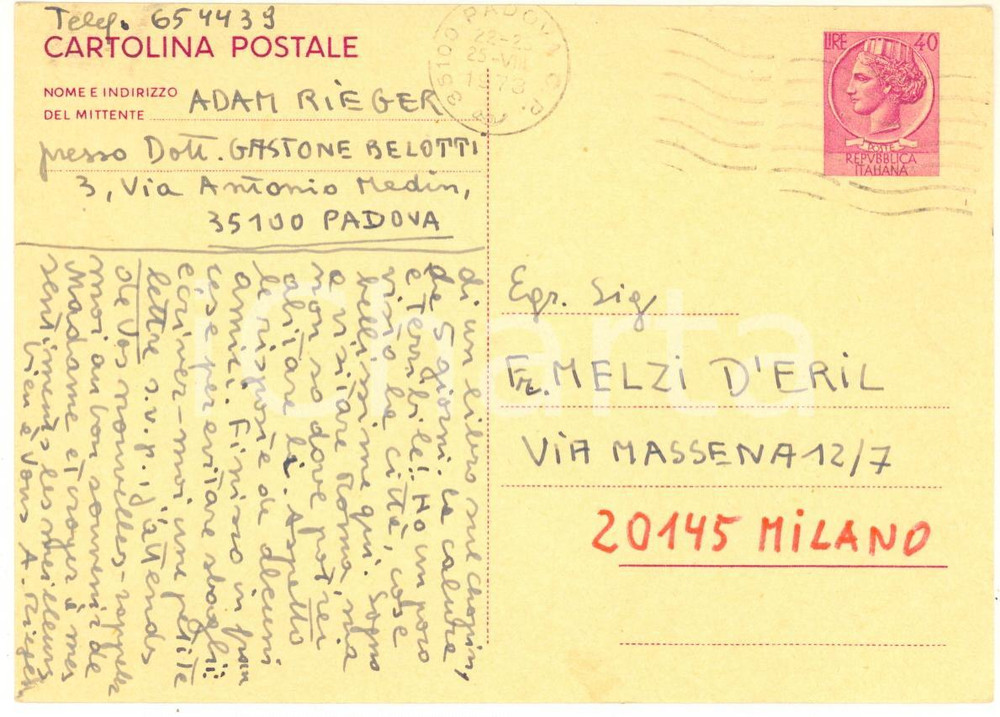 Autografo originale 1973 PADOVA Pianista Adam RIEGER visita l Italia e progetta ricerche AUTOGRAFO 1