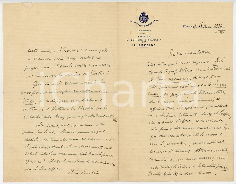 Autografo originale 1934 FIRENZE Paolo Emilio PAVOLINI desidera intervenire a convegno di slavisti 1