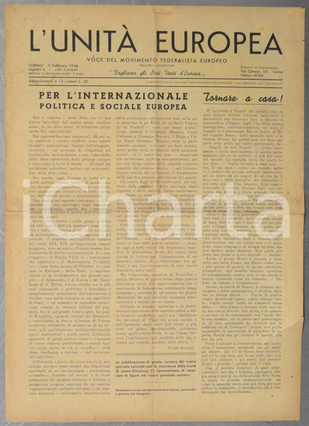 Giornale, rivista storica 1946 L UNITA  EUROPEA Per l Internazionale politica e sociale Rivista n° 8 1