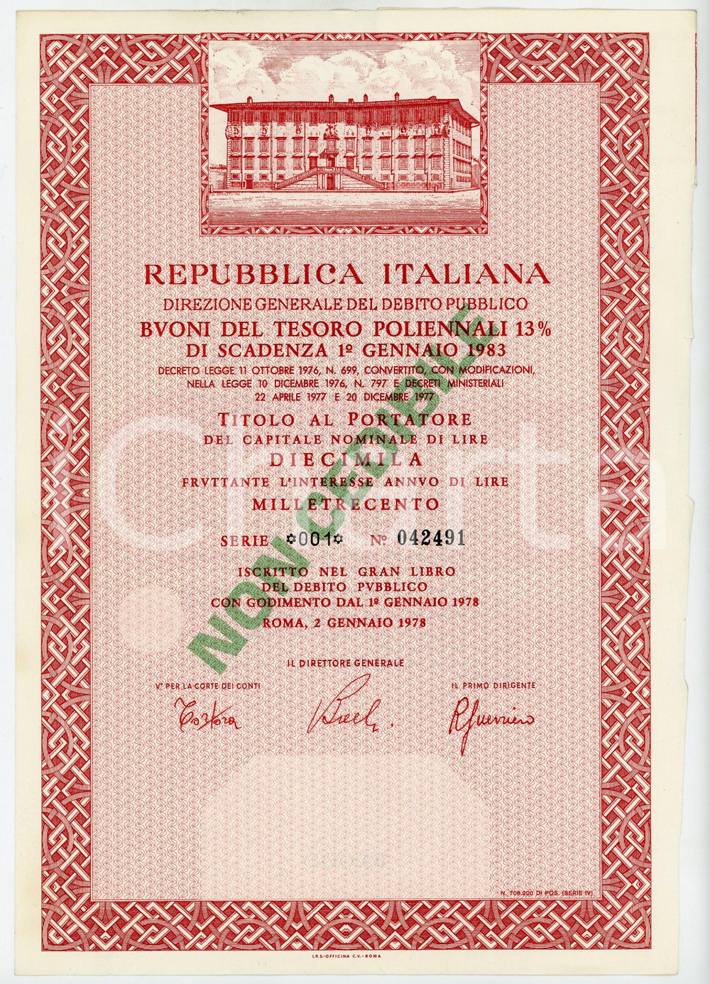 1978 ROMA Buoni del Tesoro Poliennali BTP Titolo al portatore Lire 10.000