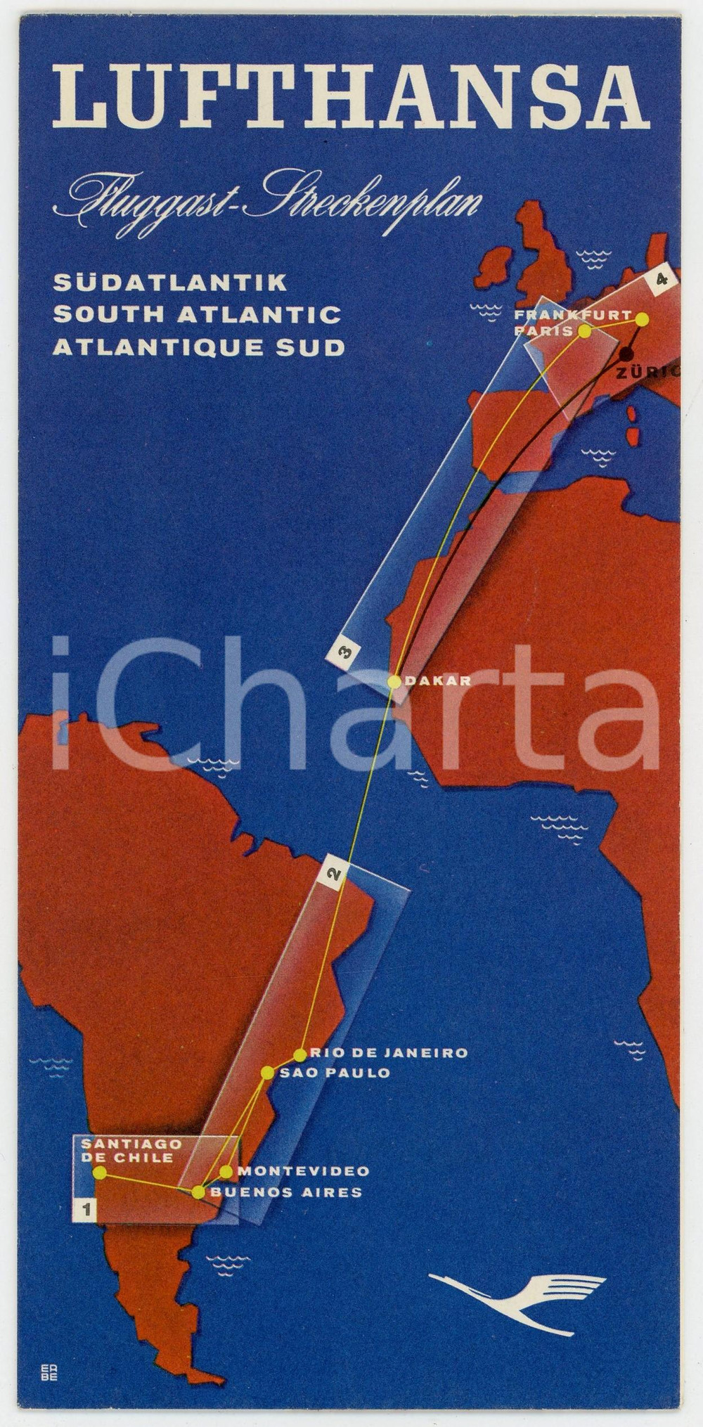 Materiale pubblicitario d’epoca 1965 ca LUFTHANSA Atlantico del Sud Pieghevole ILLUSTRATO con mappa rotta 1