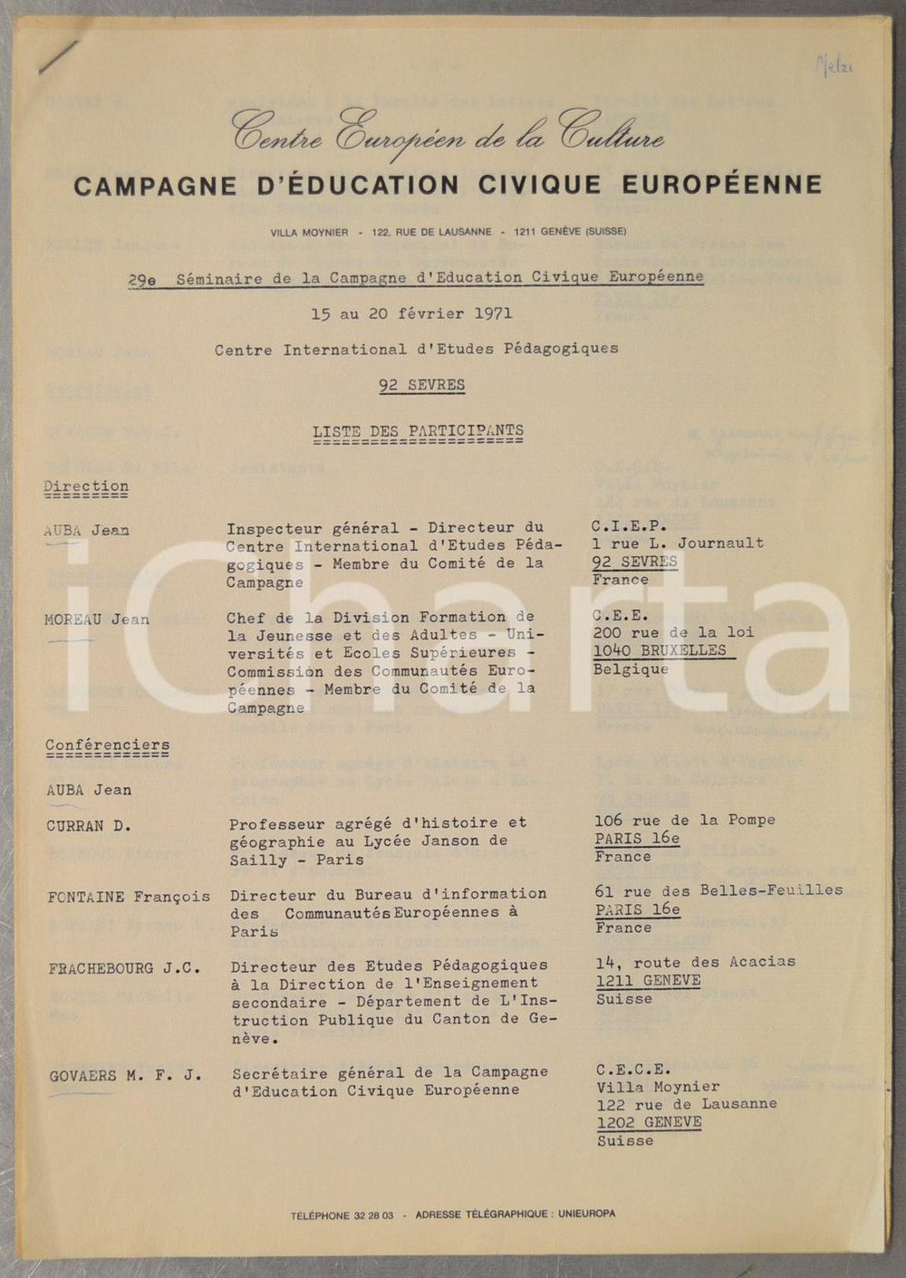 Documento originale, autentico 1971 SÈVRES  29e Séminaire d’Éducation Civique Européenne Liste des participants 1