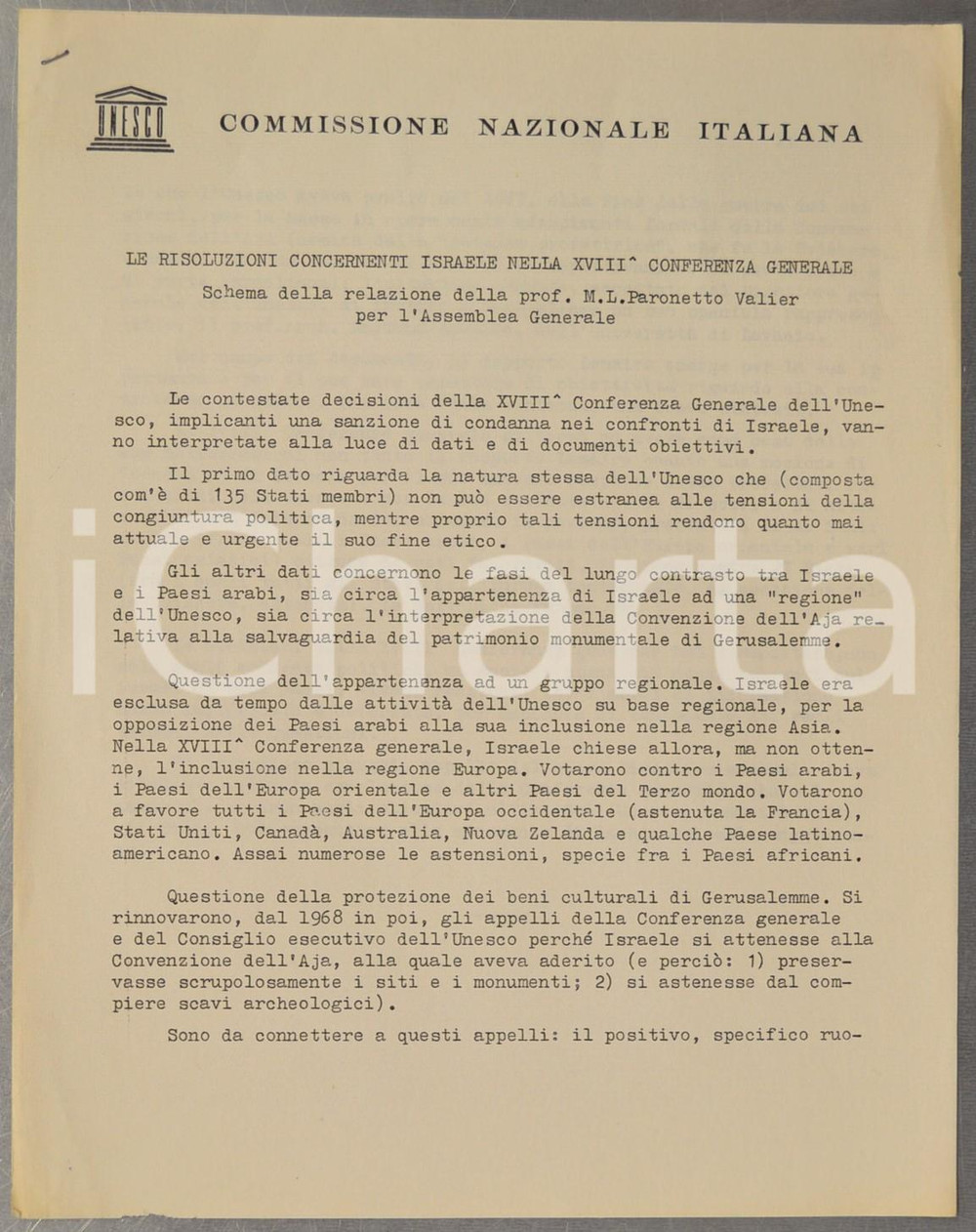 Documento originale, autentico 1960 ROMA UNESCO Schema relazione M. L. PARONETTO VALIER su risoluzioni Israele 1