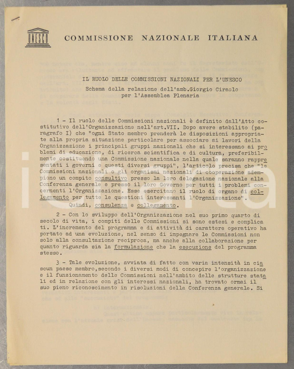 Documento originale, autentico 1960 ROMA UNESCO Schema relazione Giorgio CIRAOLO ruolo Commissioni Nazionali 1