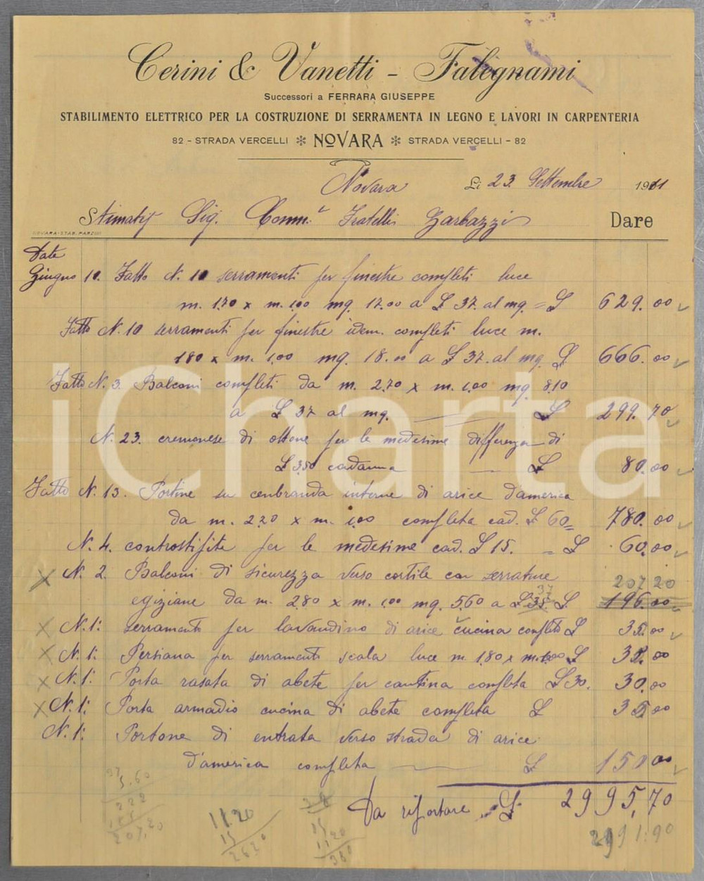 Documento originale, autentico 1911 NOVARA Falegnami CERINI & VANETTI Conto manoscritto porte e balconi 1