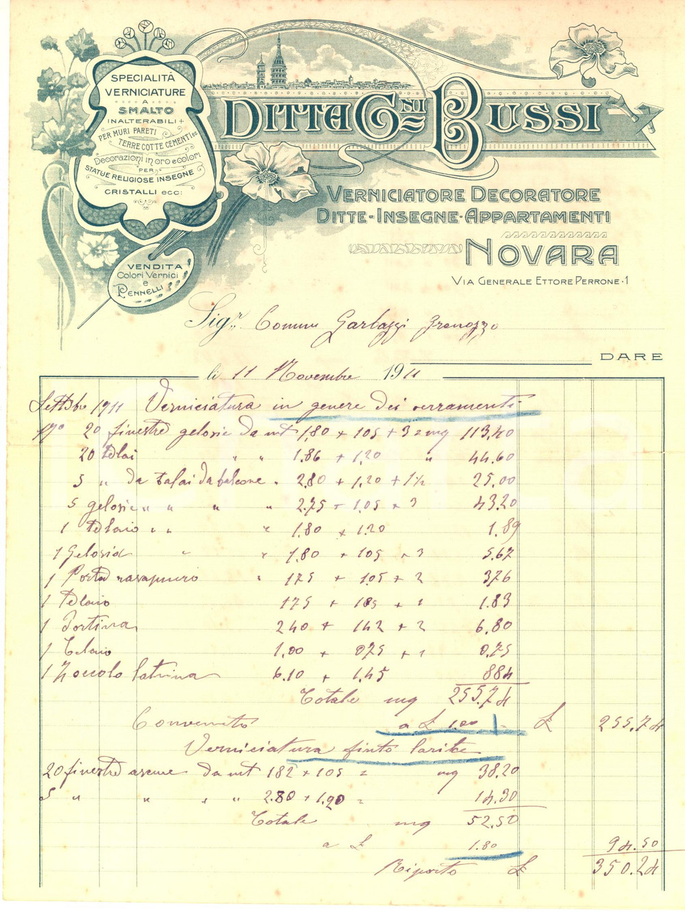 Documento originale, autentico 1911 NOVARA Ditta Giovanni BUSSI Verniciatore e decoratore  Fattura ILLUSTRATA 1