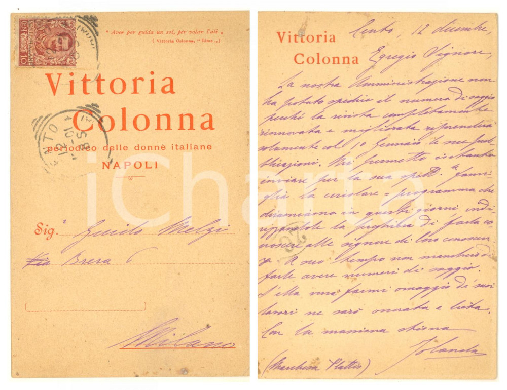 Autografo originale 1901 CENTO Maria MAJOCCHI JOLANDA promette copie Vittoria Colonna AUTOGRAFO 1