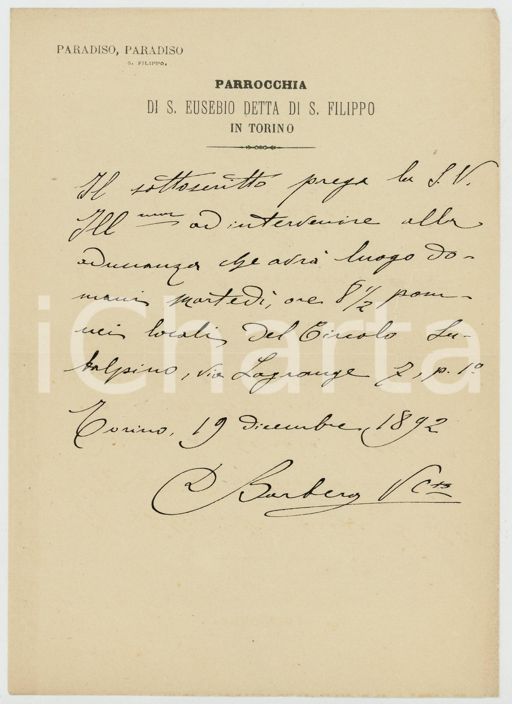 Manoscritto, lettera originale 1892 TORINO Parrocchia S. EUSEBIO  Invito di don BARBERO a una conferenza 1