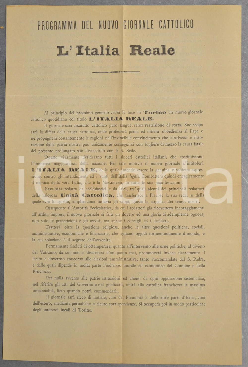Manoscritto, lettera originale 1892 TORINO L ITALIA REALE Programma del nuovo giornale cattolico Volantino 1