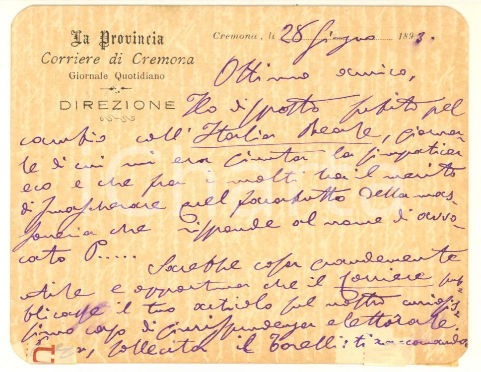 Autografo originale 1893 CREMONA LA PROVINCIA Direttore Ettore SACCHI promette articolo Autografo 1