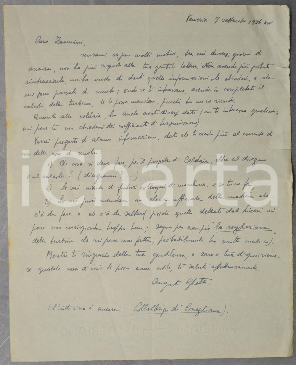 Autografo originale 1936 VENEZIA Augusto GHETTI chiede lumi su un progetto  AUTOGRAFO 1