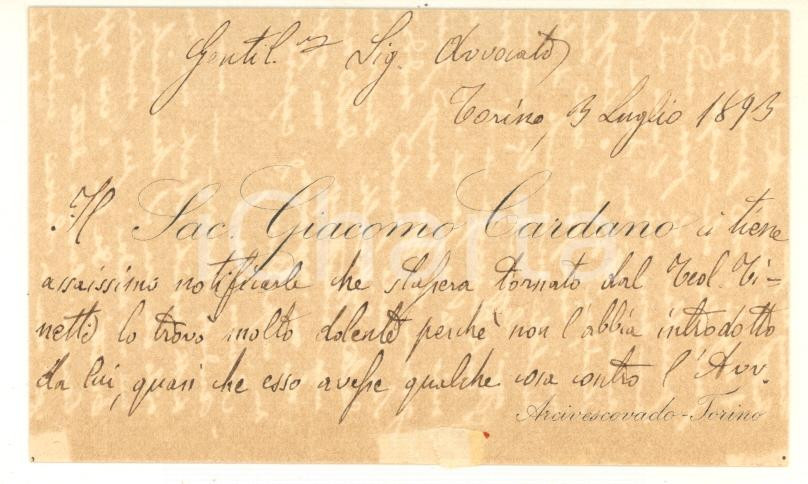 Autografo originale 1893 TORINO Sac. Giacomo CARDANO si scusa di un presunto rifiuto Autografo 1