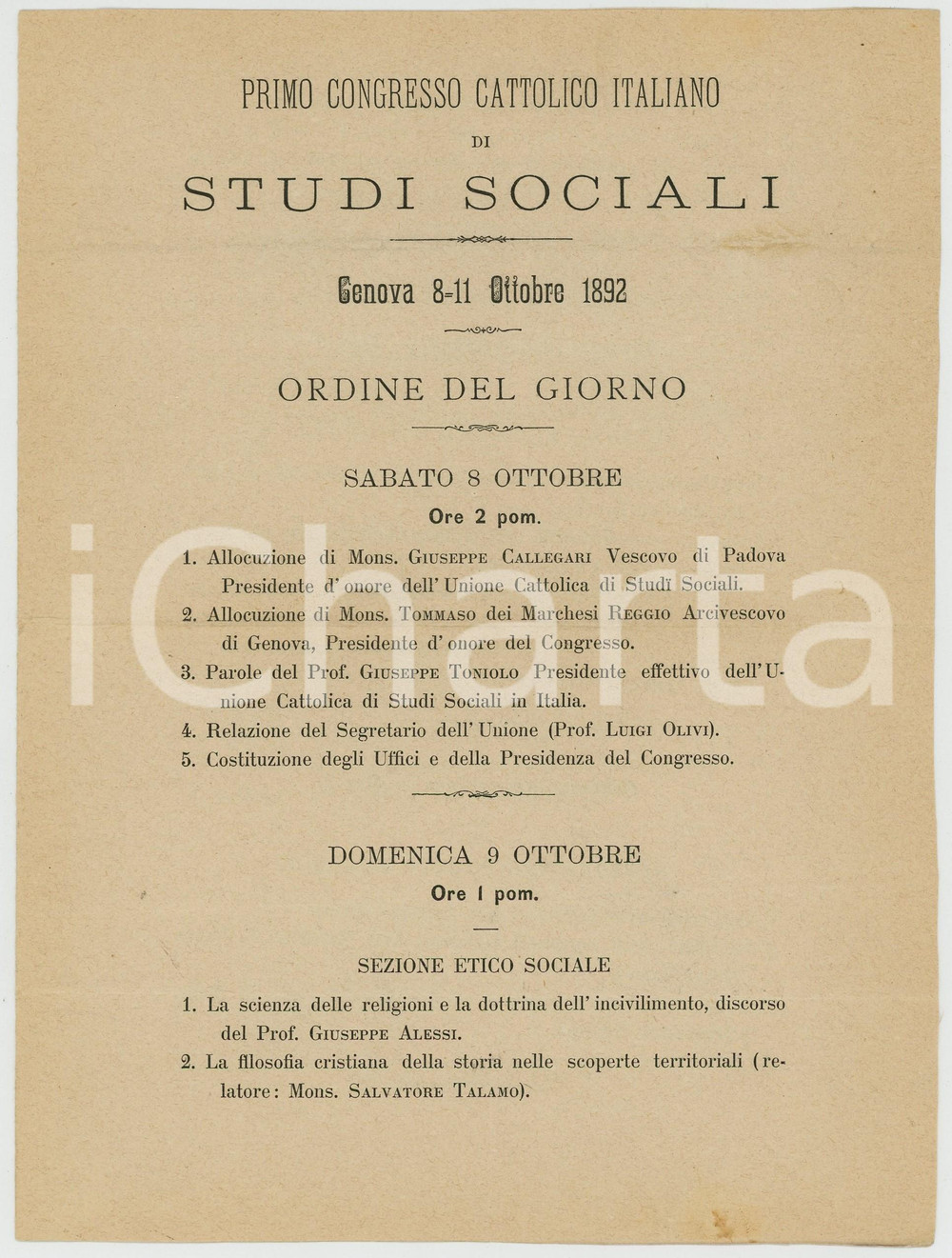 Documento originale, autentico 1892 GENOVA Primo Congresso Cattolico di Studi Sociali  Ordine del giorno 1