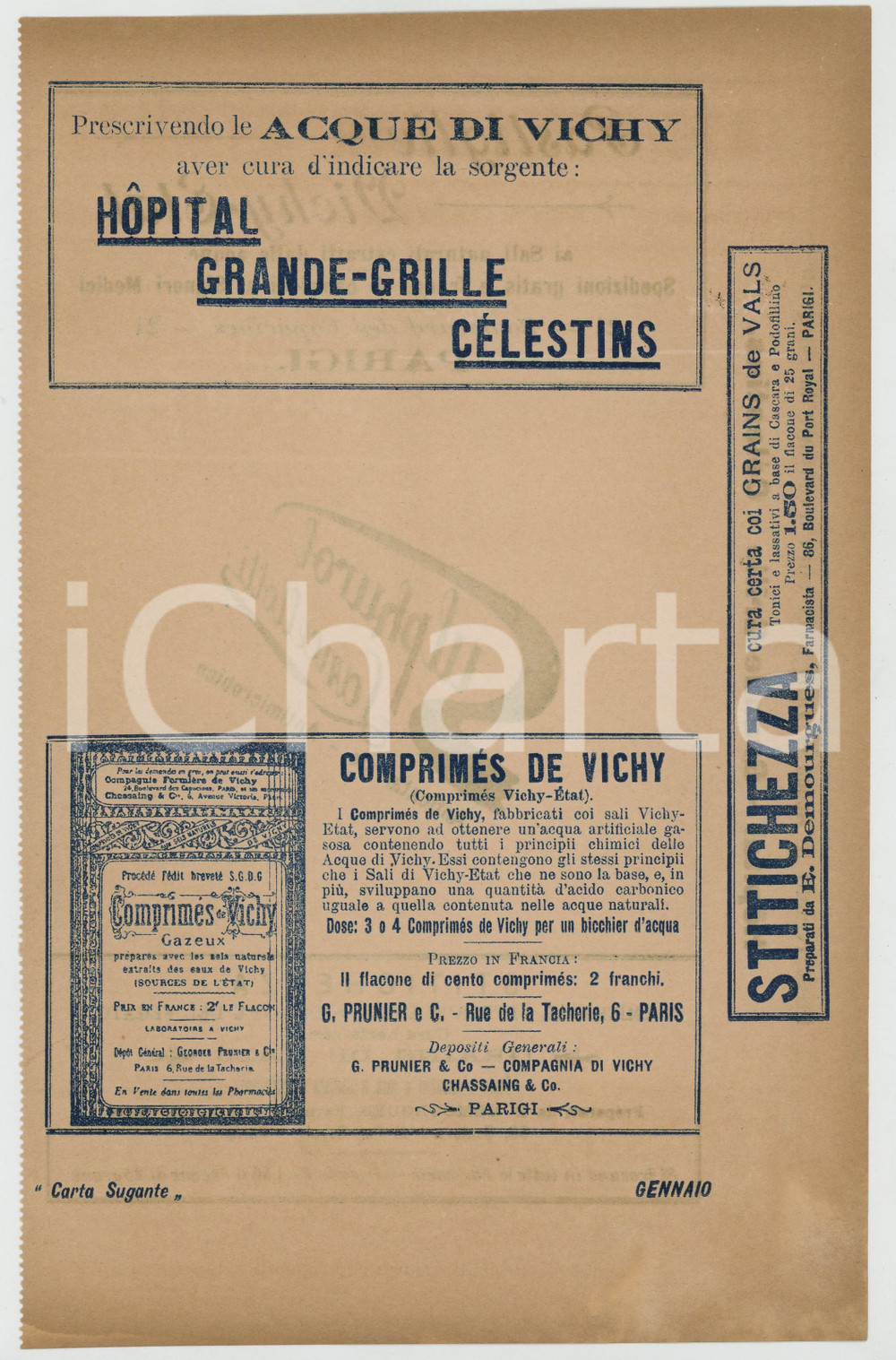 Materiale pubblicitario d’epoca Gennaio 1910 ca Pastiglie VICHYETAT SULPHUROL LANCELLOTTI Carta sugante 1