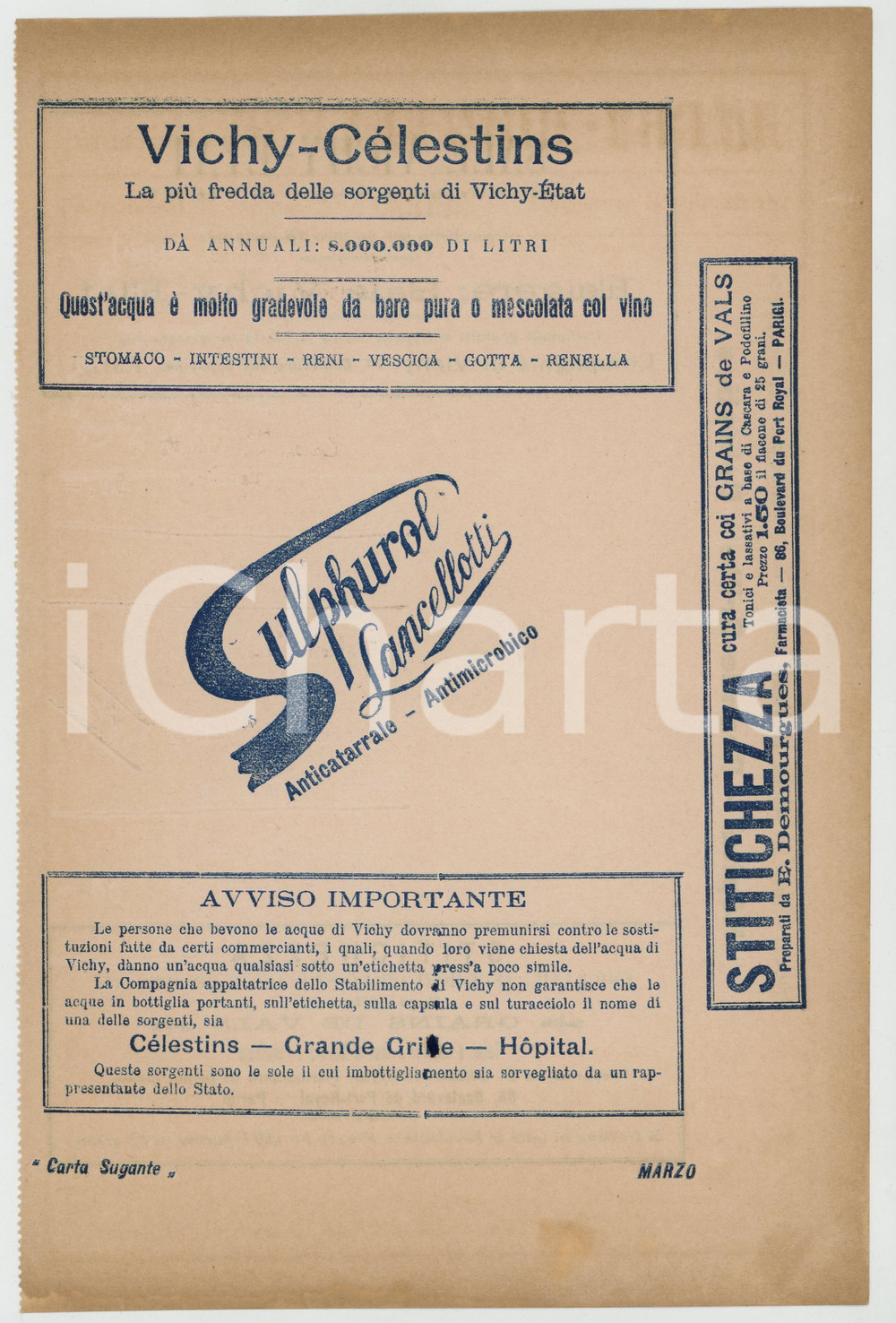 Materiale pubblicitario d’epoca Marzo 1910 ca Sale VICHYETAT SULPHUROL LANCELLOTTI Carta sugante FARMACEUTICA 1