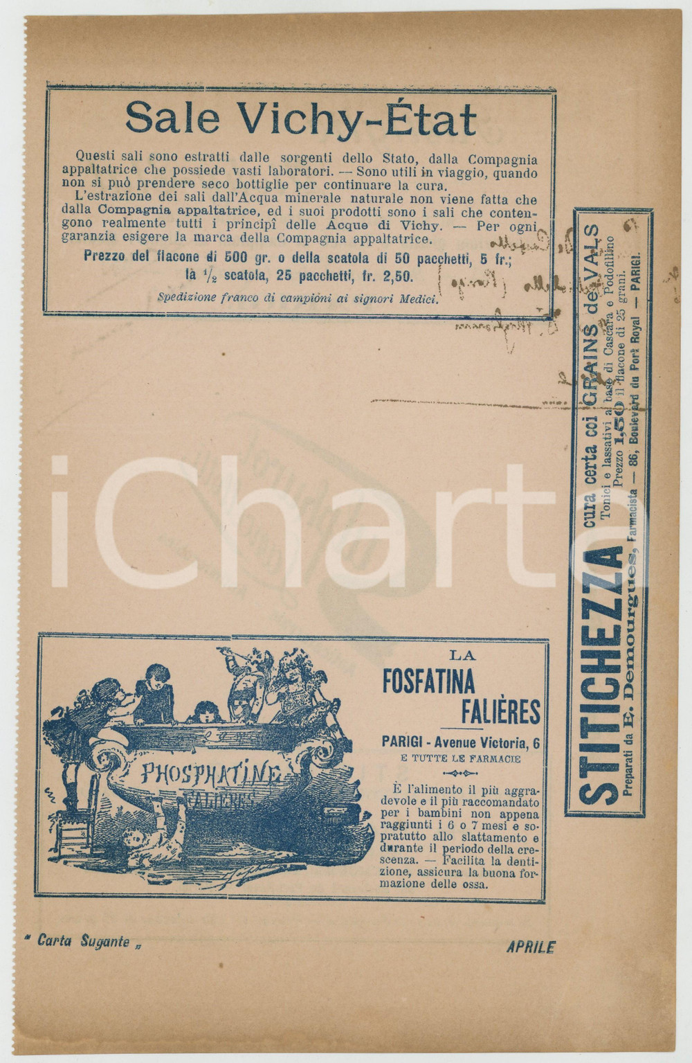 Materiale pubblicitario d’epoca Aprile 1910 ca Sale VICHYETAT Fosfatina FALIERES Carta sugante FARMACEUTICA 1